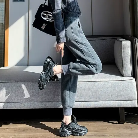 加绒加厚卫裤女冬季新款灰色高腰直筒宽松休闲小个子保暖运动裤子图片