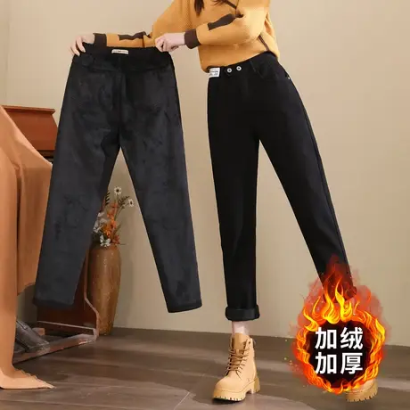 唐狮冬季新款女牛仔裤直筒裤弹力松紧腰加绒加厚显瘦潮女裤子TJ商品大图