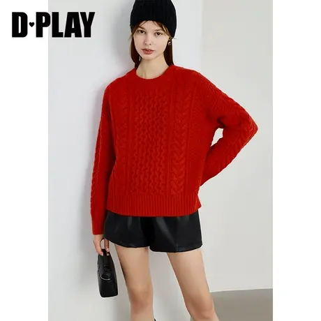 DPLAY冬轻奢100羊毛节日氛围复古红色绞花加厚针织衫毛衣图片