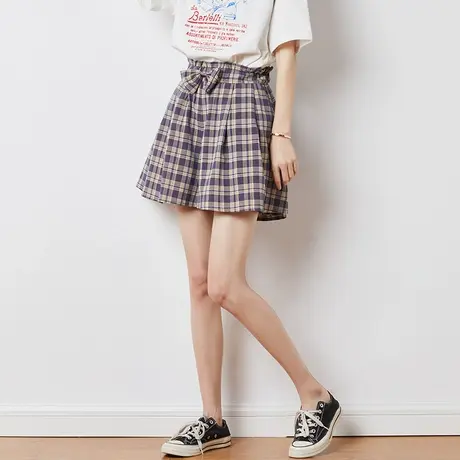 唐狮夏装新款休闲短裤女显瘦裙裤网红格子裤女宽松高腰短裤夏商品大图