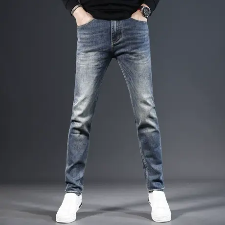 高端蓝色牛仔裤男秋冬款2023新款修身小直筒潮牌弹力休闲男士裤子商品大图