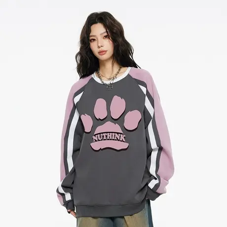 Nuthink美式潮牌拼色插肩袖卫衣男保暖加厚宽松中性圆领上衣冬季商品大图