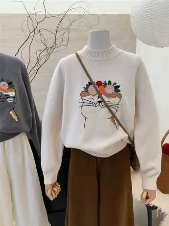 2023年冬季新款欧货百搭刺绣猫咪宽松加厚保暖针织衫毛衣女上衣商品大图
