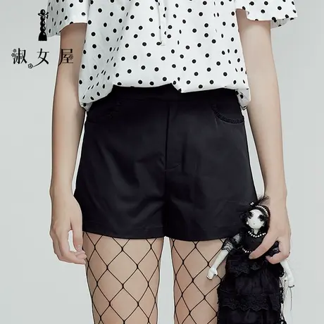 淑女屋夏装新款黑色蝴蝶结短裤直筒裤高腰黑色短裤女图片