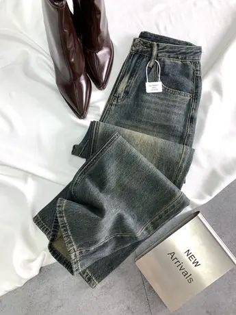 美式复古磨白牛仔阔腿裤女2023新款显瘦百搭高腰宽松时尚直筒垂裤商品大图