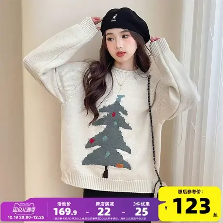 唐狮2024新年红衣服秋冬新款女节日圣诞树图案圆领套头爆款毛衣PO商品大图