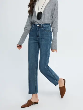 欧货裤脚开叉牛仔小直筒裤女2024春季新款显瘦百搭高腰水洗烟管裤商品大图