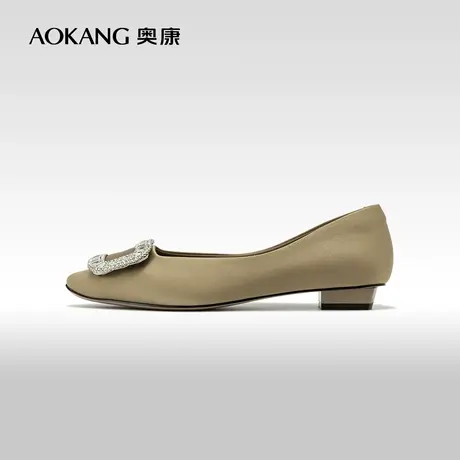 奥康女鞋春秋季新款浅口单鞋黑色船鞋方扣水钻低粗跟职场通勤瓢鞋商品大图