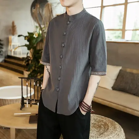 中国风七分袖衬衫男复古风唐装中式棉麻短袖衬衣盘扣中袖韩版潮流图片