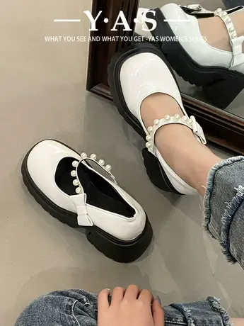 甜酷玛丽珍小皮鞋2024新款白色粗跟法式单鞋夏季英伦风时尚jk皮鞋图片