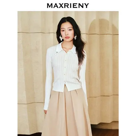 [买4免1]MAXRIENY精致复古感缎面领拼接毛衫2024春季肌理感上衣商品大图