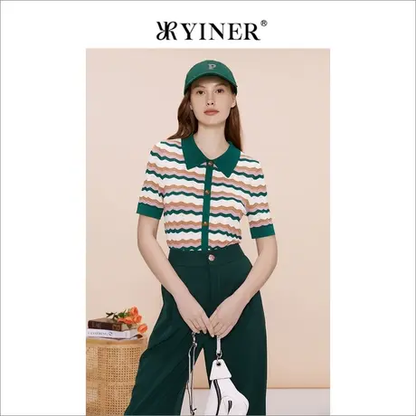 YINER音儿专选女装夏季轻甜撞色翻领条纹针织上衣图片