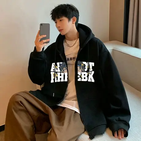 发泡印花美式重磅卫衣男春秋季情侣上衣潮牌连帽宽松拉链开衫外套商品大图