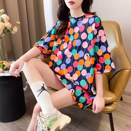 气球印花上衣短袖T恤女潮牌大码宽松中长款体恤夏2024新款欧洲站图片