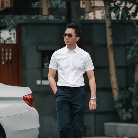 Seno机洗免烫衬衫男短袖修身抗皱夏季白正装商务上班工作白色衬衣图片