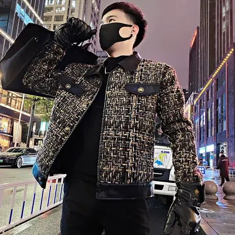 高级感编织小香风拼接夹克男春季韩版褂子复古网红夜店短款外套潮商品大图