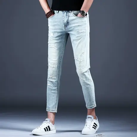 复古做旧九分牛仔裤男款2024新款春秋季裤子潮流男士小脚修身高端商品大图