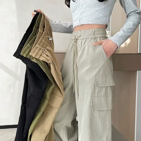 杏色美式工装裤女2024春秋新款高腰登山休闲直筒阔腿束脚速干裤子图片