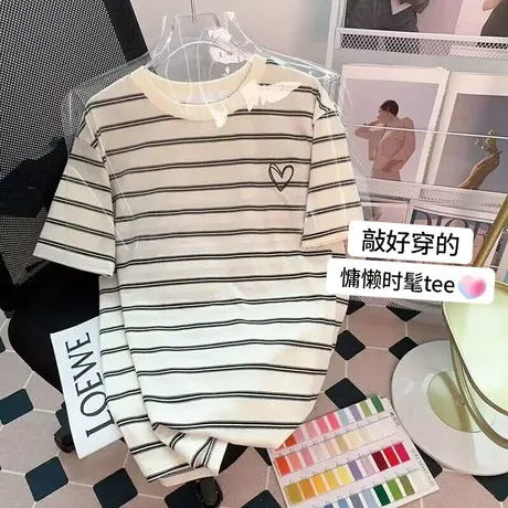 纯棉条纹爱心短袖t恤女夏季新款设计感小众港风宽松洋气减龄上衣商品大图