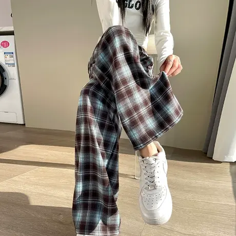 格子阔腿裤女2024春秋新款宽松高腰垂感直筒休闲裤显瘦百搭拖地裤商品大图