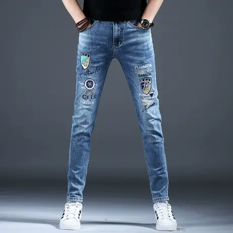 春秋季刺绣牛仔裤2024新款男士小脚修身裤子潮牌男款美式高街弹力商品大图