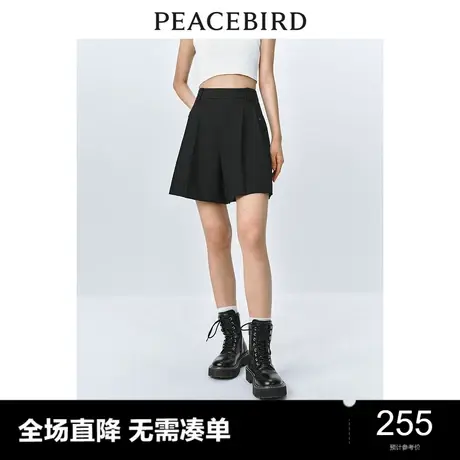 太平鸟女装时尚百褶短裤2024春季新款设计感黑色A字阔腿西装短裤图片