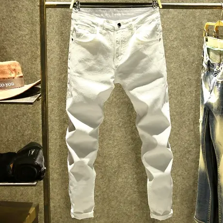 春秋季白色牛仔裤男修身潮牌韩版青年弹力小脚裤子男士百搭休闲裤商品大图
