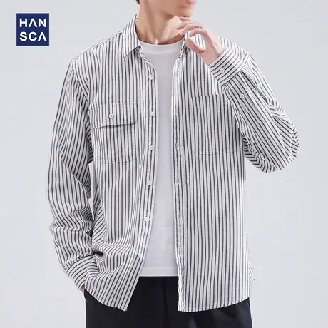 hansca条纹休闲衬衫长袖男2022秋季新款潮流时尚宽松纯棉衬衣外套商品大图