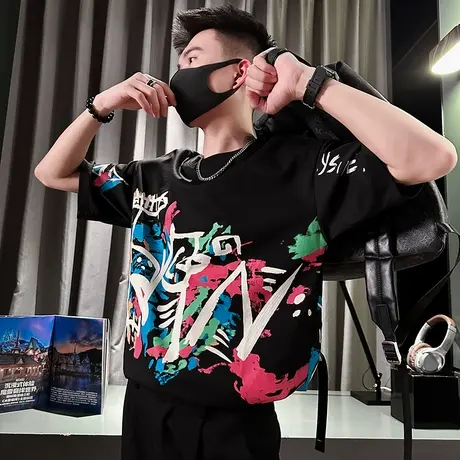 2024网红涂鸦印花短袖T恤男夏季爆款个性痞帅半袖上衣潮牌半截袖商品大图