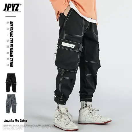 春秋日系多口袋工装裤男大码宽松魔术贴束脚休闲裤痞帅黑色机能裤商品大图