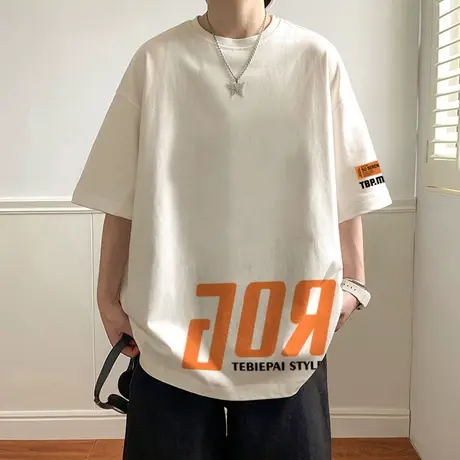短袖t恤男2024新款美式字母纯棉重磅体恤ins夏季港风宽松休闲半袖商品大图