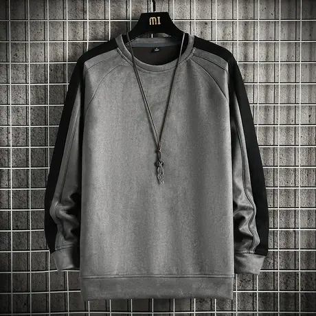长袖t恤男春秋季新款宽松拼接内搭打底衫男士潮牌麂皮绒圆领卫衣商品大图