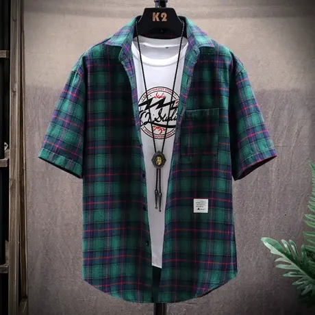 短袖衬衫男士韩版宽松个性格子衬衣2023新款半袖寸衫潮牌ins外套商品大图