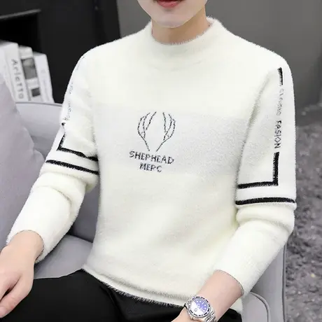 男士水貂绒毛衣半高领加绒厚款青少年韩版春秋冬季潮流打底针织衫商品大图