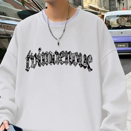 潮牌宽松长袖圆领无帽美式卫衣男秋冬季加绒oversize港风印花上衣商品大图