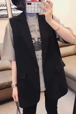 西装马甲女士背心中长款2022春秋季新款韩版外搭坎肩黑色马夹外套商品大图