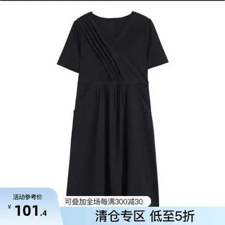 木棉林V领短袖纯色连衣裙宽松遮肚显瘦简约大气飘逸优雅显气质裙商品大图