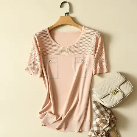 清仓！冰丝针织衫短袖t恤女夏季新款圆领宽松显瘦薄款女上衣商品大图