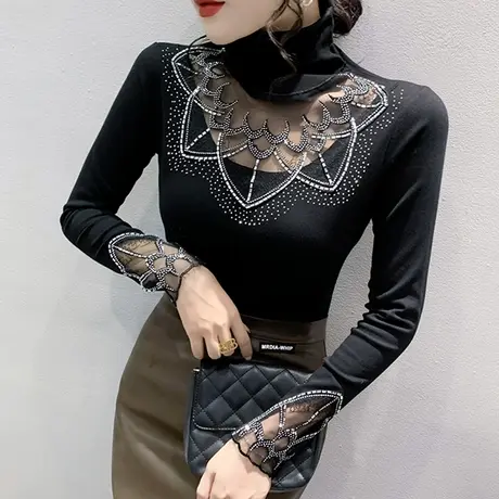 加绒高领打底衫女秋冬2023新款性感网纱拼接上衣烫钻气质长袖T恤商品大图