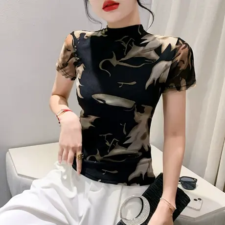 时尚扎染印花T恤女短袖2023秋季新款洋气网纱打底衫修身显瘦上衣商品大图