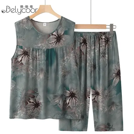 妈妈棉绸套装夏季洋气无袖T恤奶奶宽松夏天中老年女装背心两件套商品大图