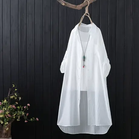 文艺范纯色中长款衬衫女春夏新款宽松防晒衣薄款开衫白色衬衣外套图片