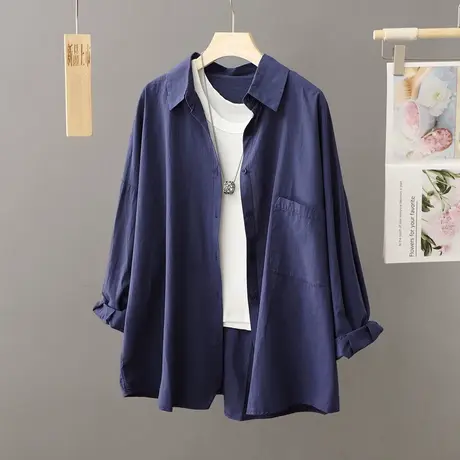 中长款纯色衬衫外套女士春秋季2023新款休闲穿搭洋气衬衣开衫上衣商品大图