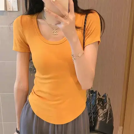 韩版不规则下摆U领糖果色弹力T恤女2023年夏季新款修身气质短袖商品大图