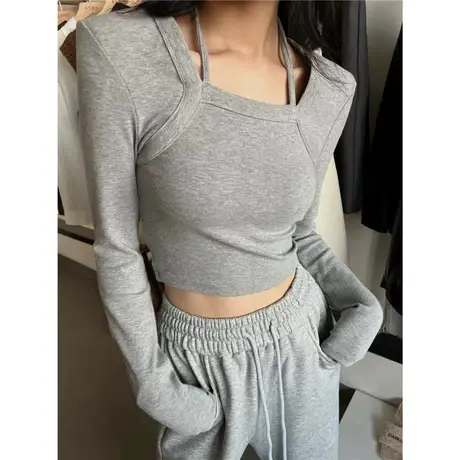 2023春季新款韩版修身显瘦纯欲风假两件挂脖短款长袖T恤打底衫 女商品大图