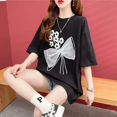 短袖t恤女夏季韩版宽松大码女装中长款下衣失踪ins蝴蝶结上衣服潮商品大图