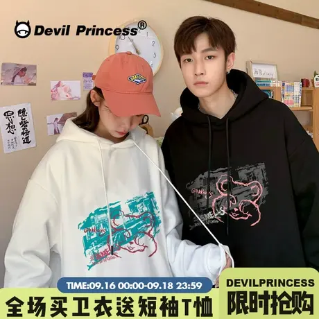 美式秋装加绒情侣装黑色卫衣女ins春秋2023年新款慵懒设计感上衣商品大图