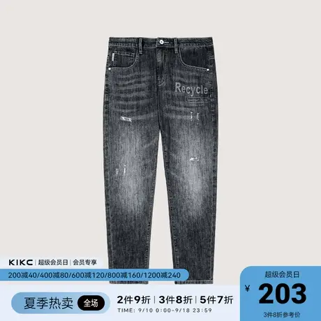 kikc牛仔裤男2023春夏新款商场同款字母印花小脚破洞牛仔九分裤图片