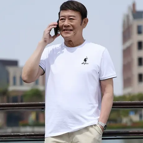 白色t恤男士短袖夏季薄款爸爸装纯棉圆领半袖上衣服中老年人汗衫商品大图