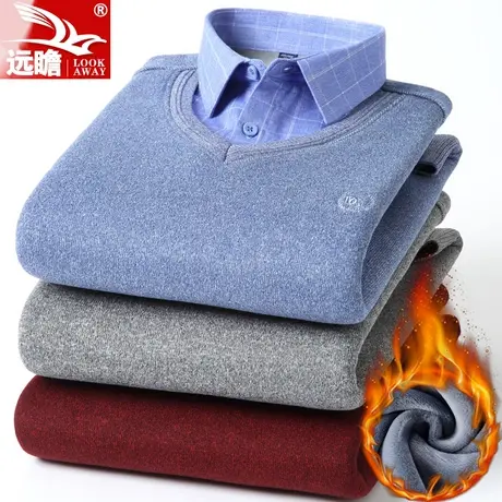 秋冬季保暖毛衣男加绒加厚假两件衬衫领针织衫中青年毛线衣打底衫图片